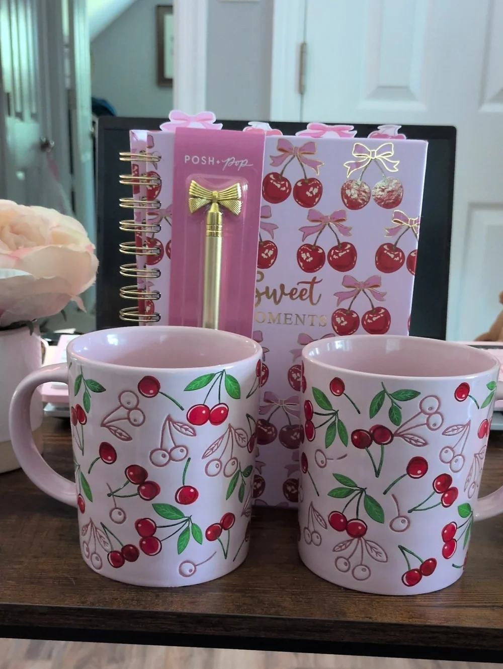 Cherry Print Pink Ceramic Mug Set Qty 2 And Sweet Moments Cherry Journal Bundle